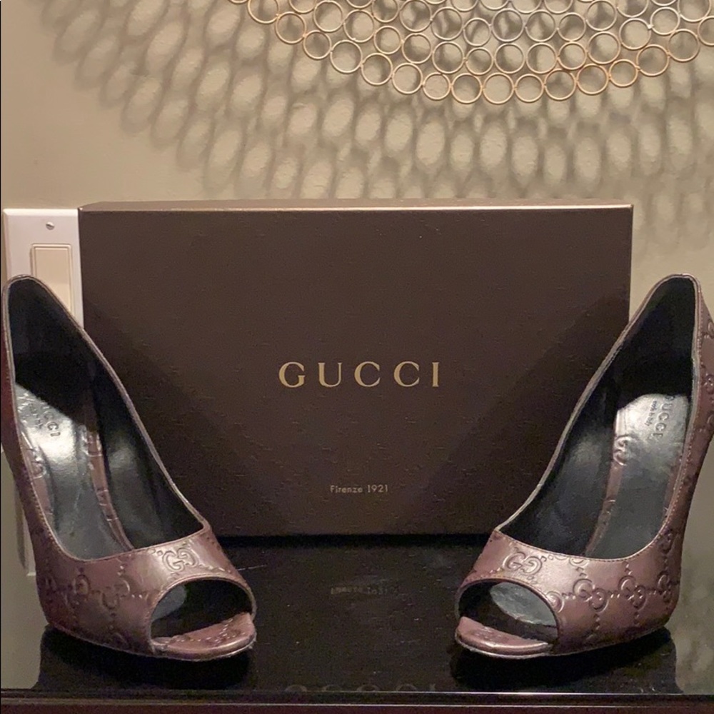 Gucci Guccissima Chocolate Peep-Toe Stiletto Pump